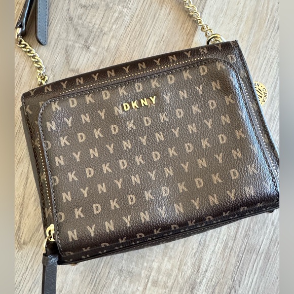 Dkny Handbags - DKNY Dark Brown Monogram Shoulder Bag, chain strap